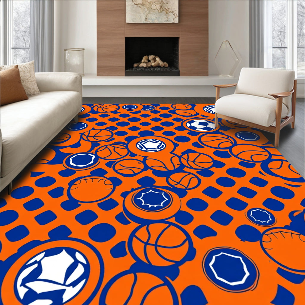 Vibrant Orange Blue Sports Balls Rug
