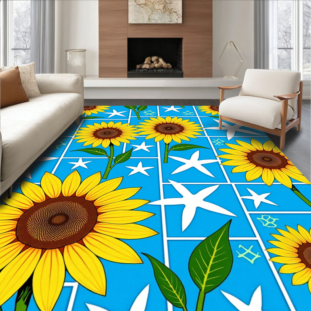 Sunny Yellow Sunflower Garden Blue Rug
