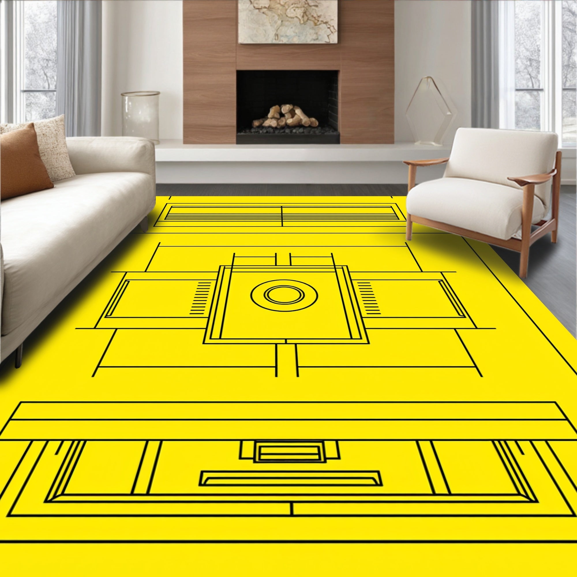 Bold Yellow Geometric Architectural Plan Rug