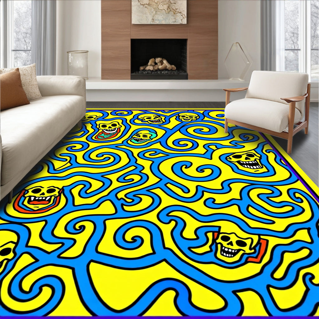 Bold Yellow Skull Swirls Rug