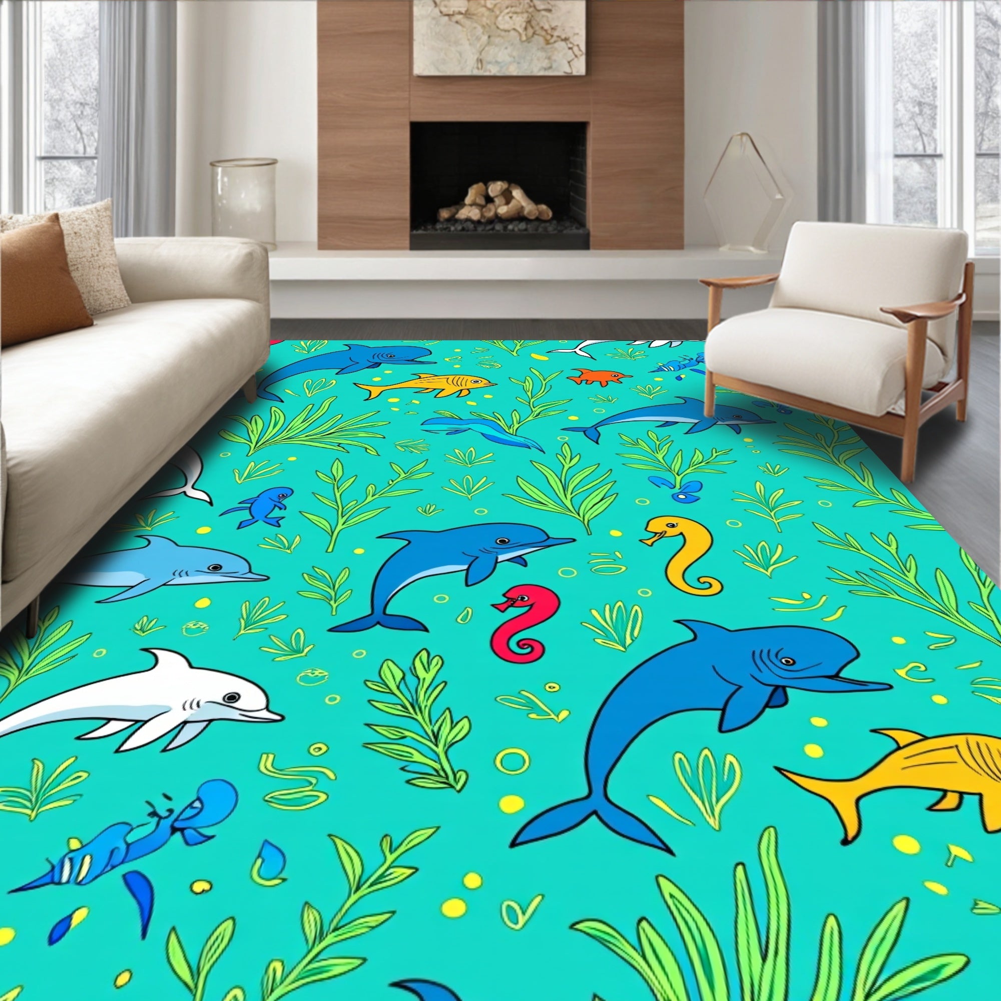 Aqua Ocean Life Dolphins Seahorses Fish Rug