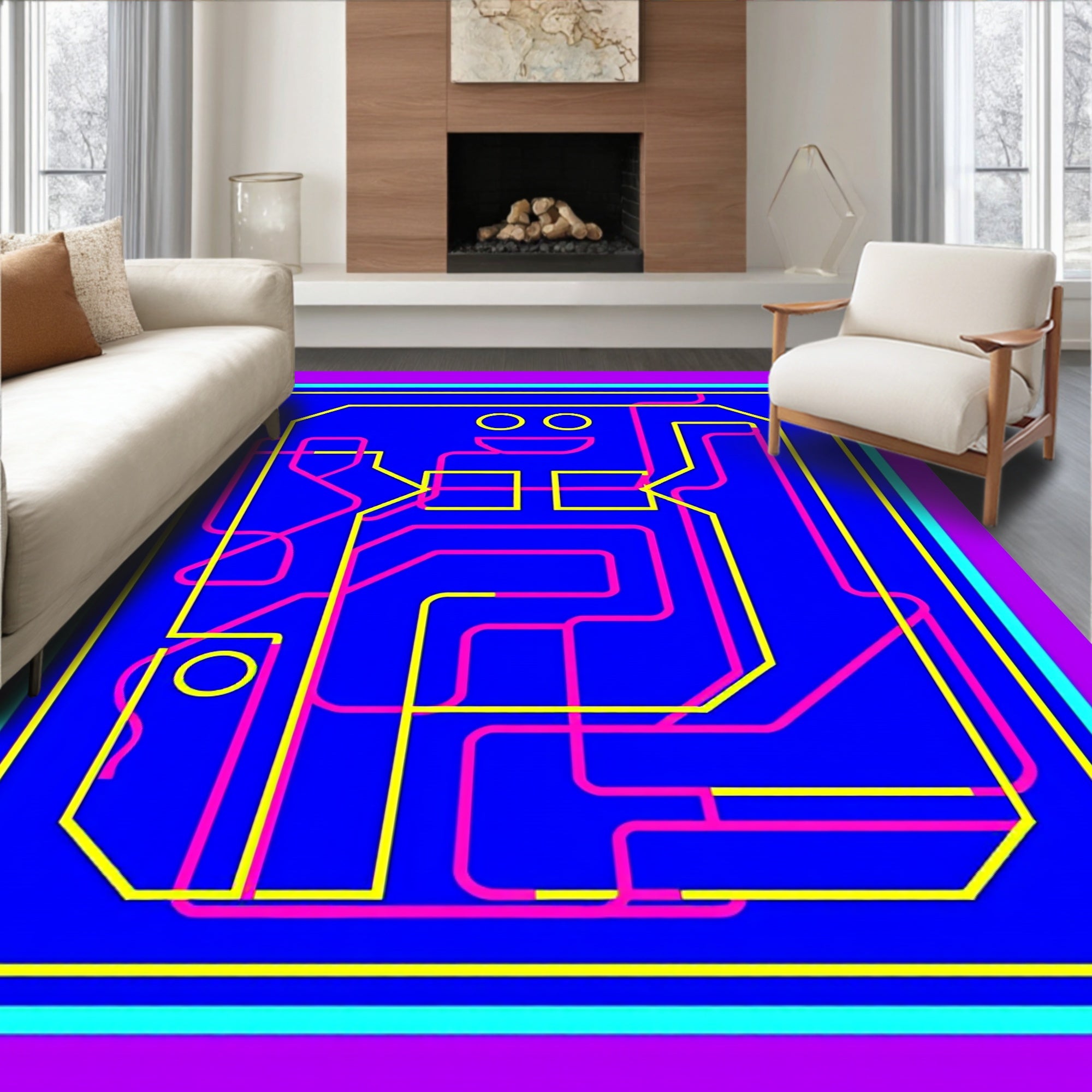 Neon Pink Yellow Line Abstract Robot Rug