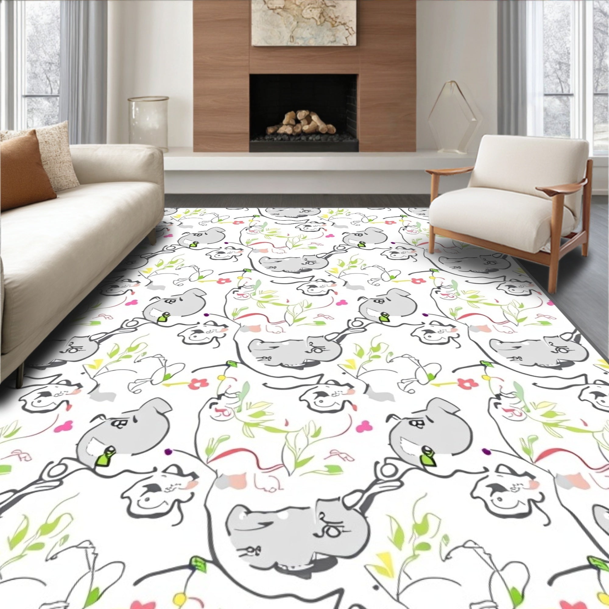 Whimsical Gray Hippo Floral Play Rug