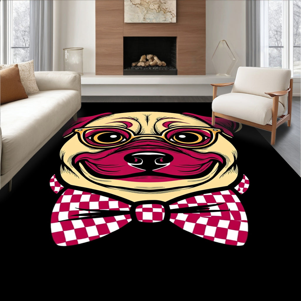 Dapper Pug Gold Glasses Crimson Bowtie Rug