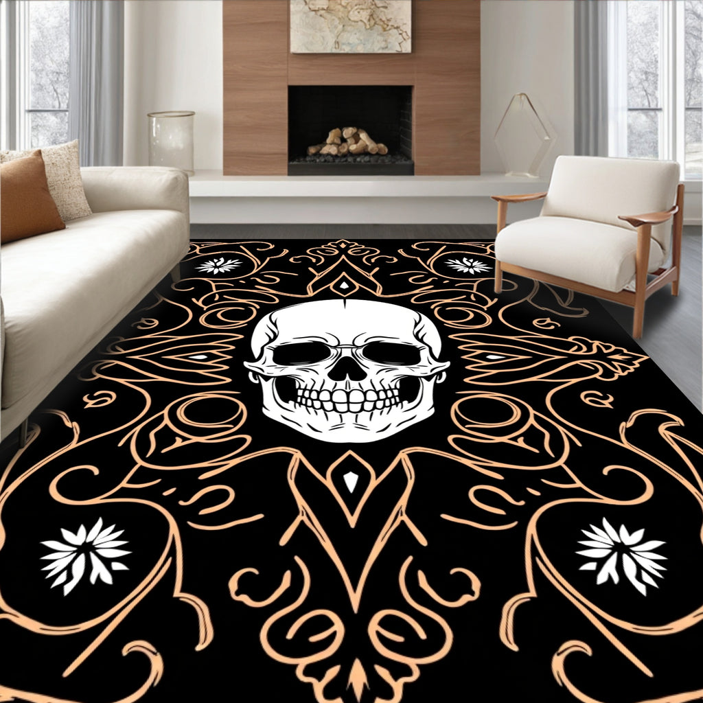 Ornate Skull With White Flowers Accent Rug