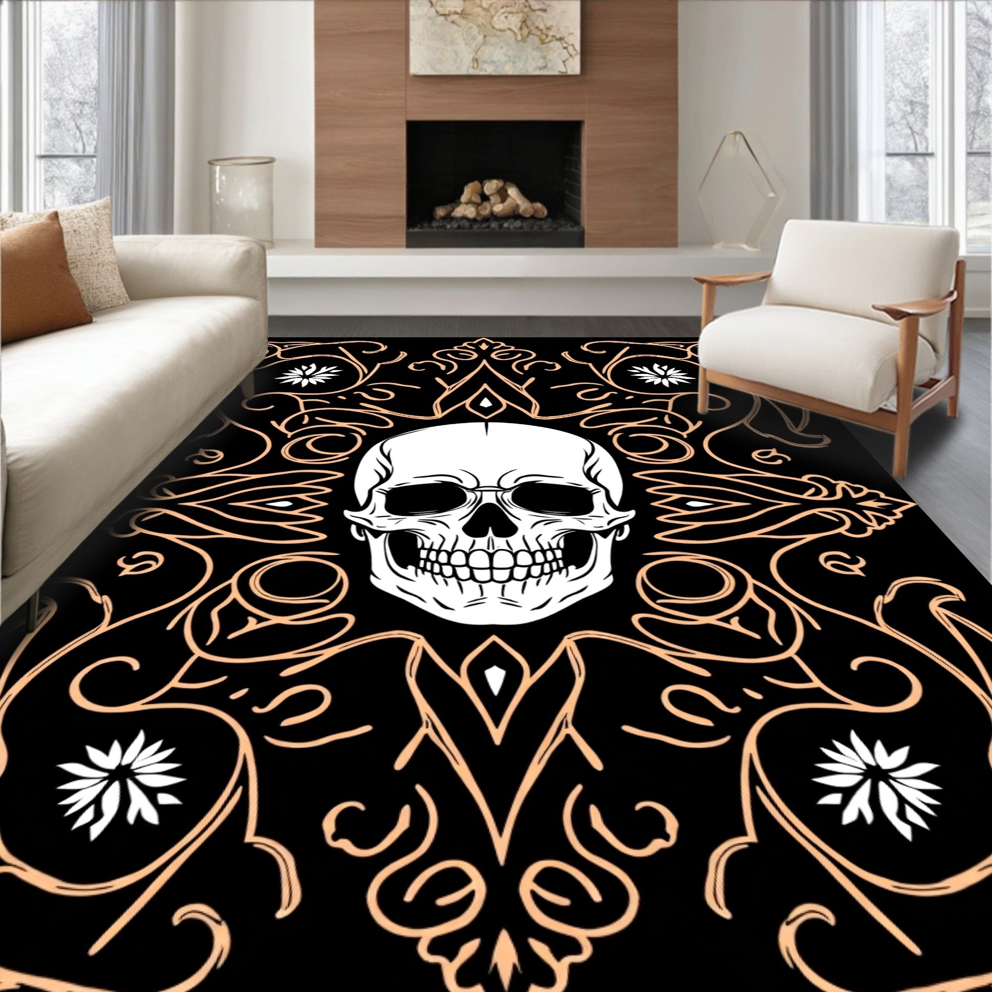 Ornate Skull With White Flowers Accent Rug