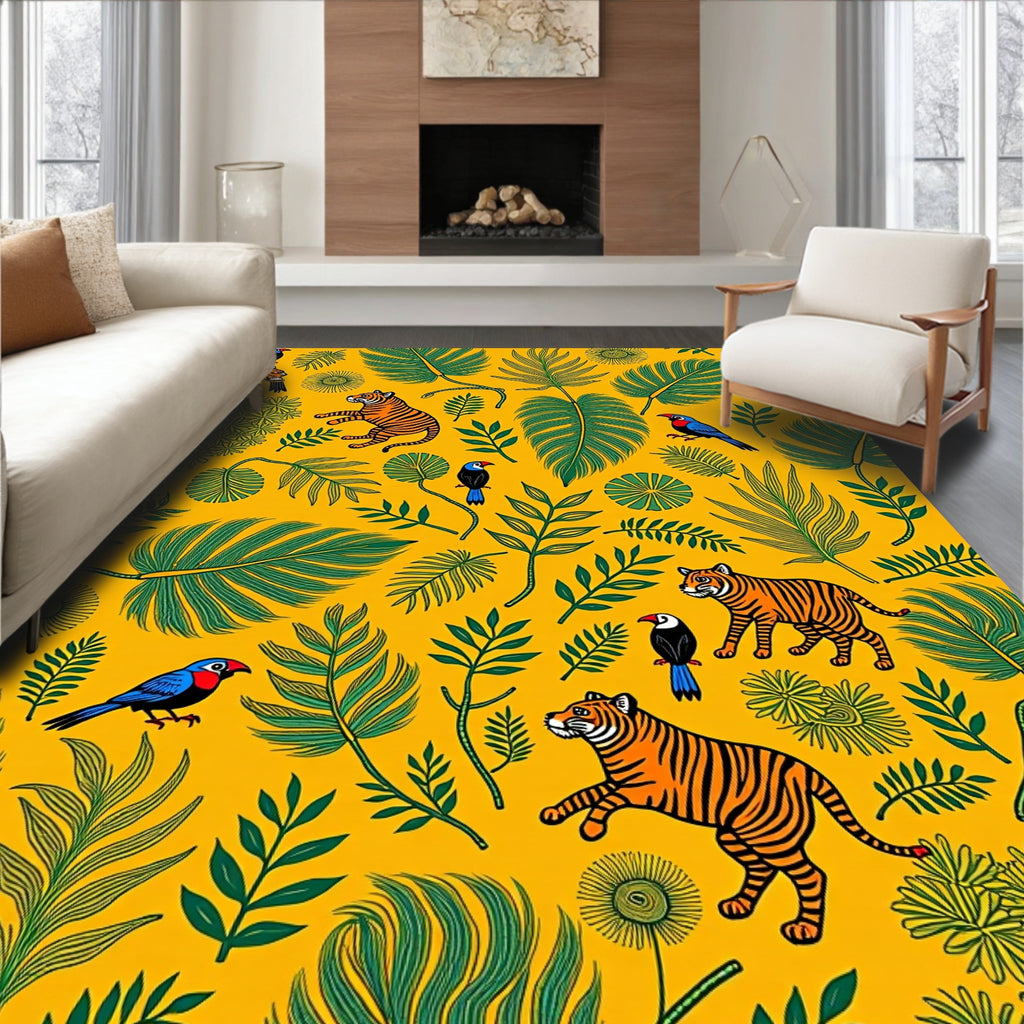 Whimsical Tiger Bird Tropical Foliage Rug