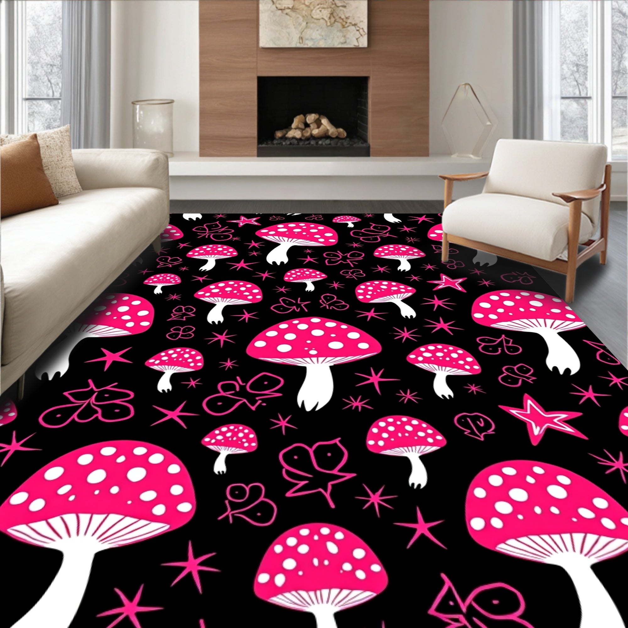 Hot Pink Mushroom Star Doodle Rug