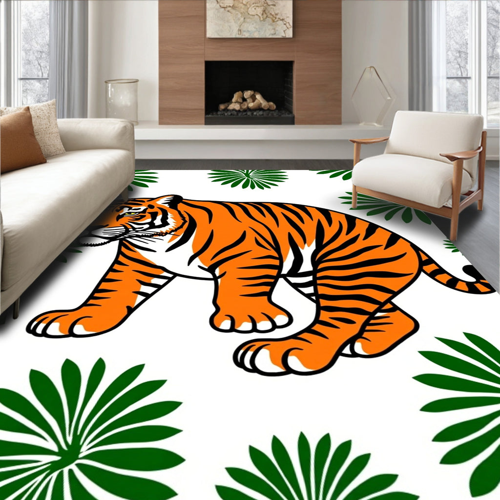 Bold Orange Tiger Tropical Foliage Rug