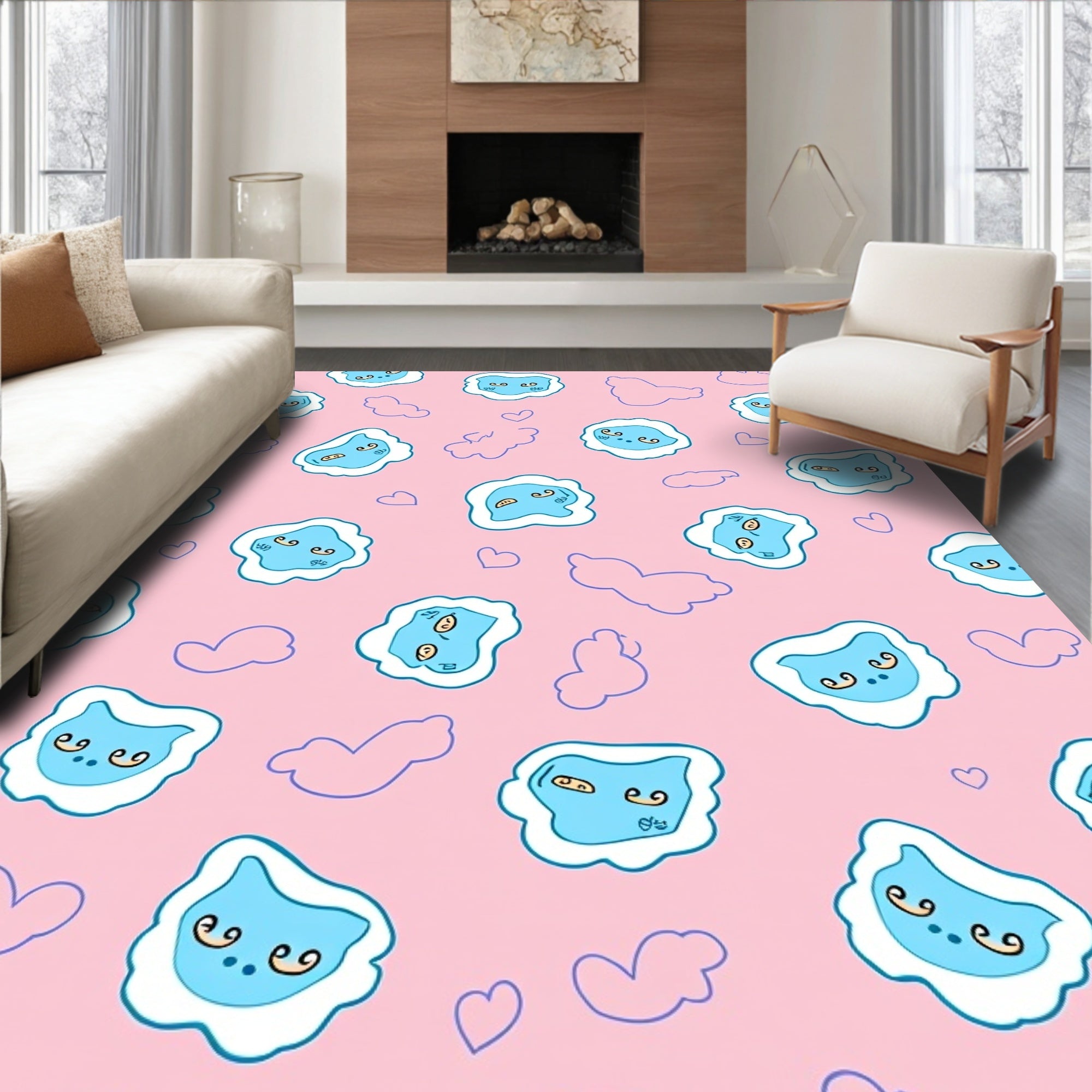 Playful Blue Cloud Cat Faces Rug