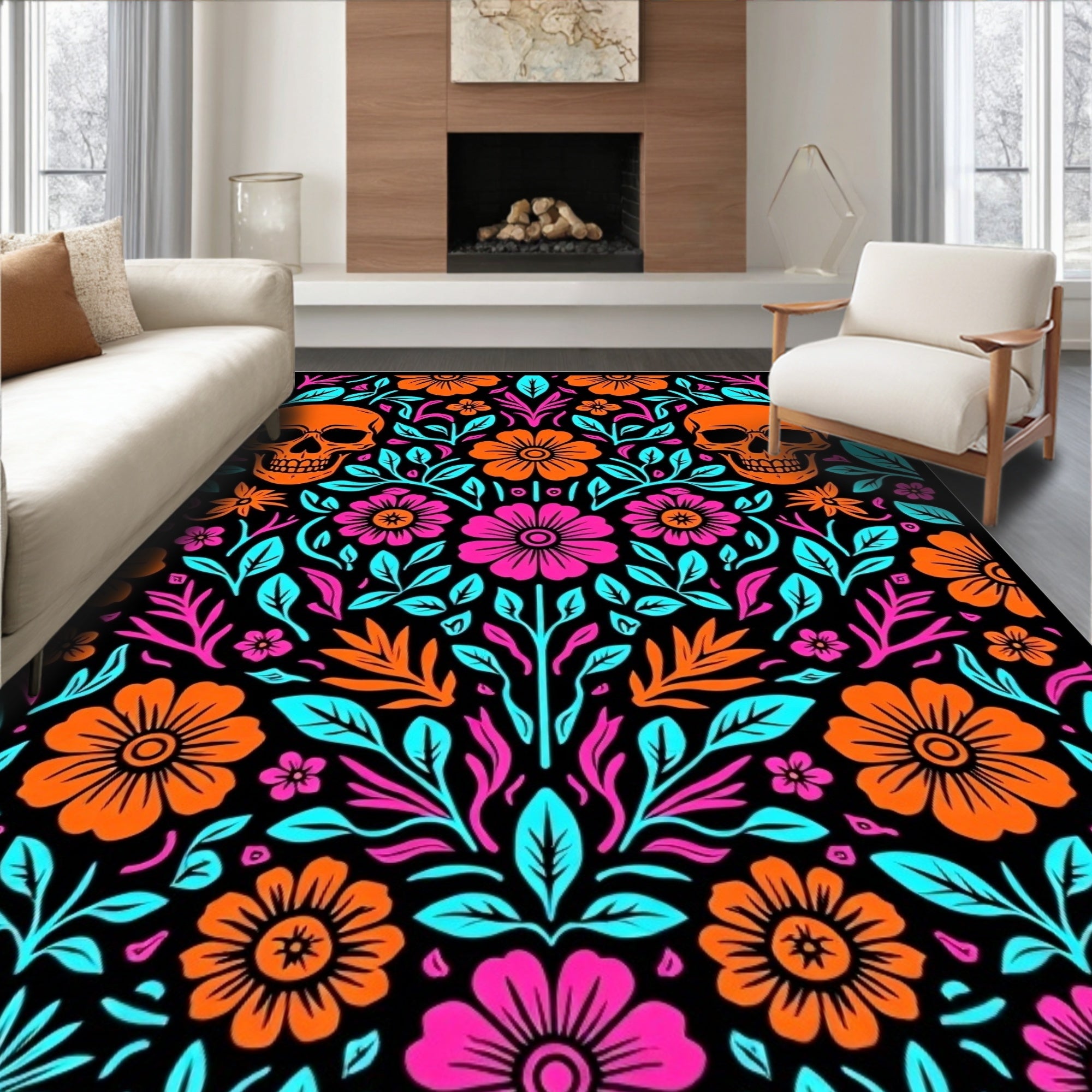 Vibrant Skull Floral Symmetry Rug