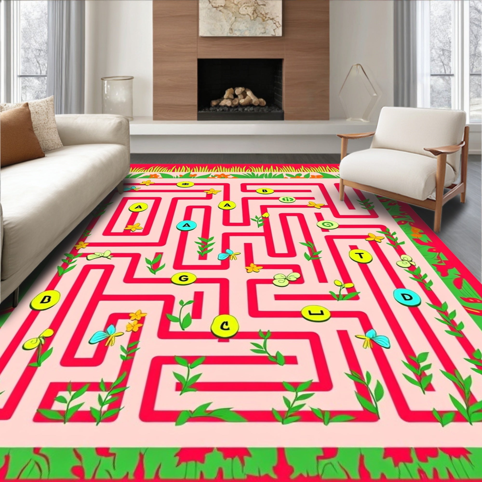 Whimsical Garden Maze Butterflies and Flowers Rug