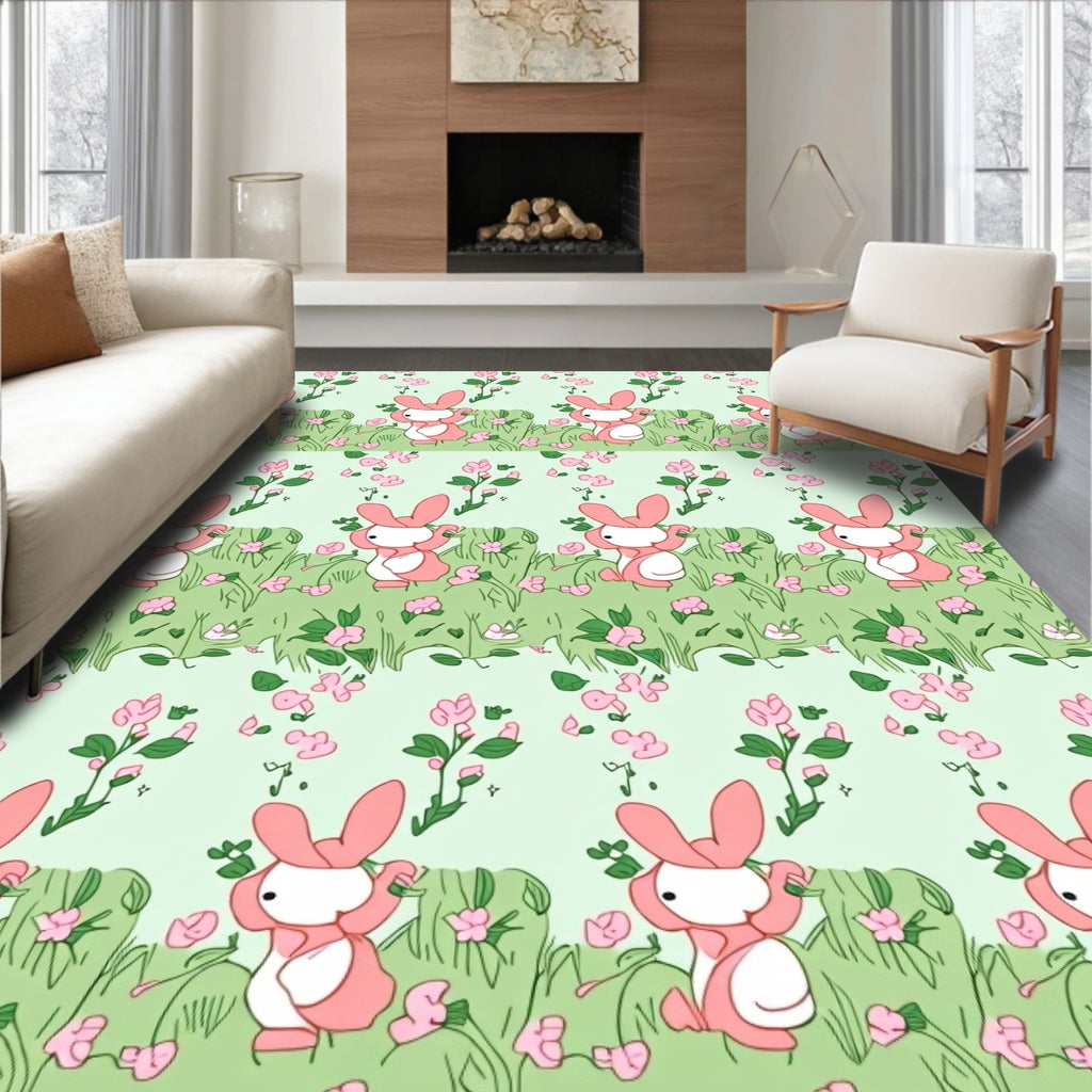 Pink Bunny Floral Meadow Scene Rug