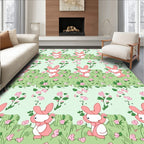 Pink Bunny Floral Meadow Scene Rug