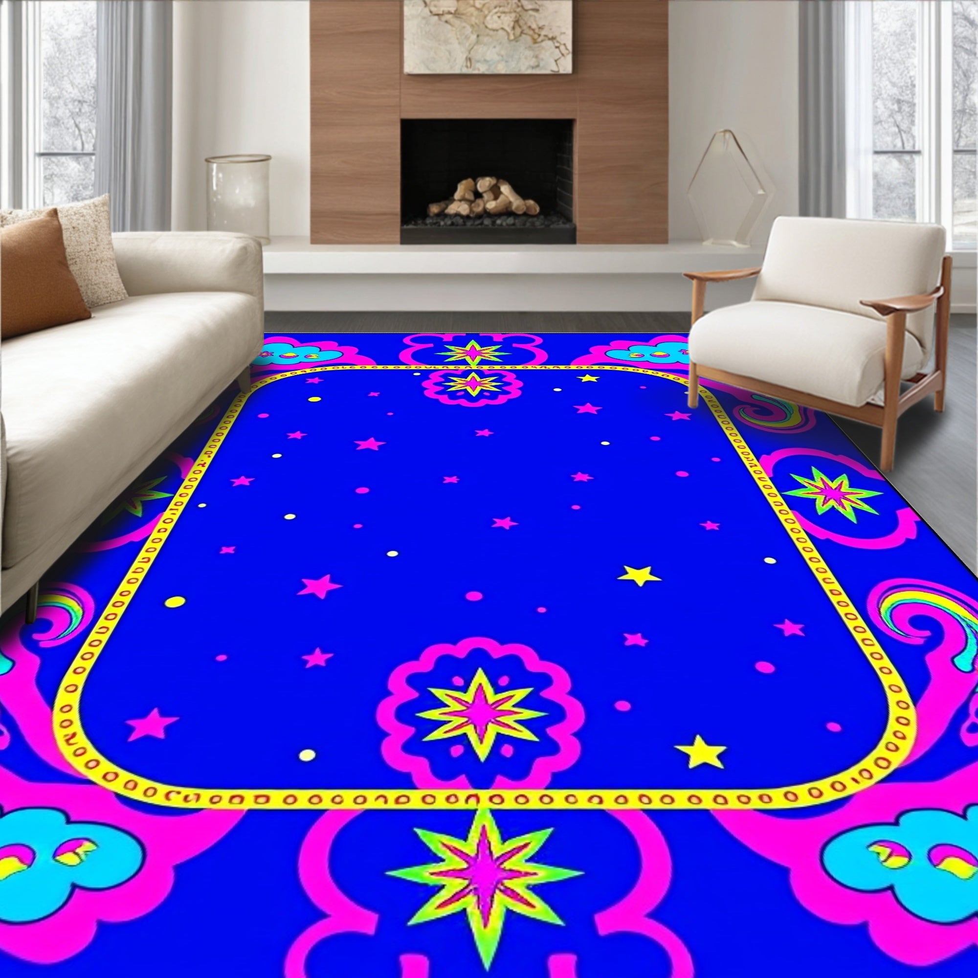 Vibrant Pink Blue Starry Cloud Medallion Rug