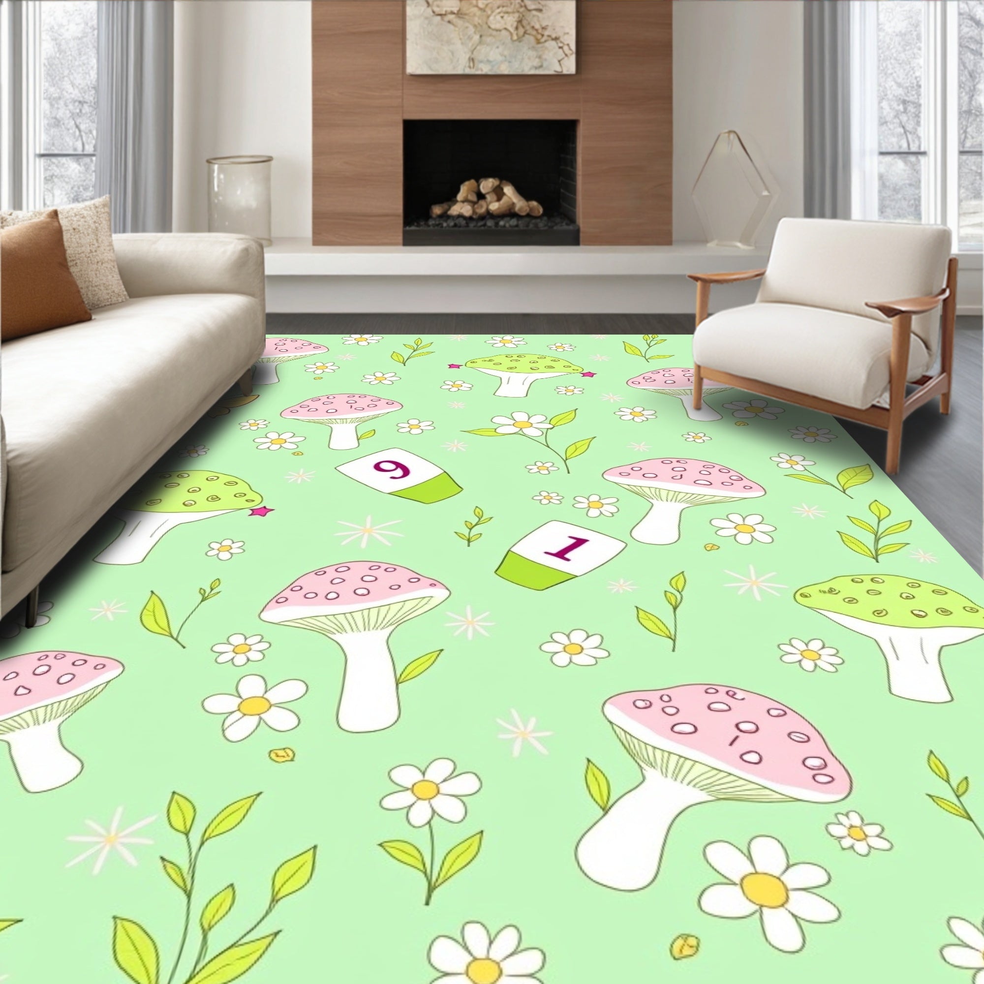 Whimsical Pink Green Mushroom Garden Rug