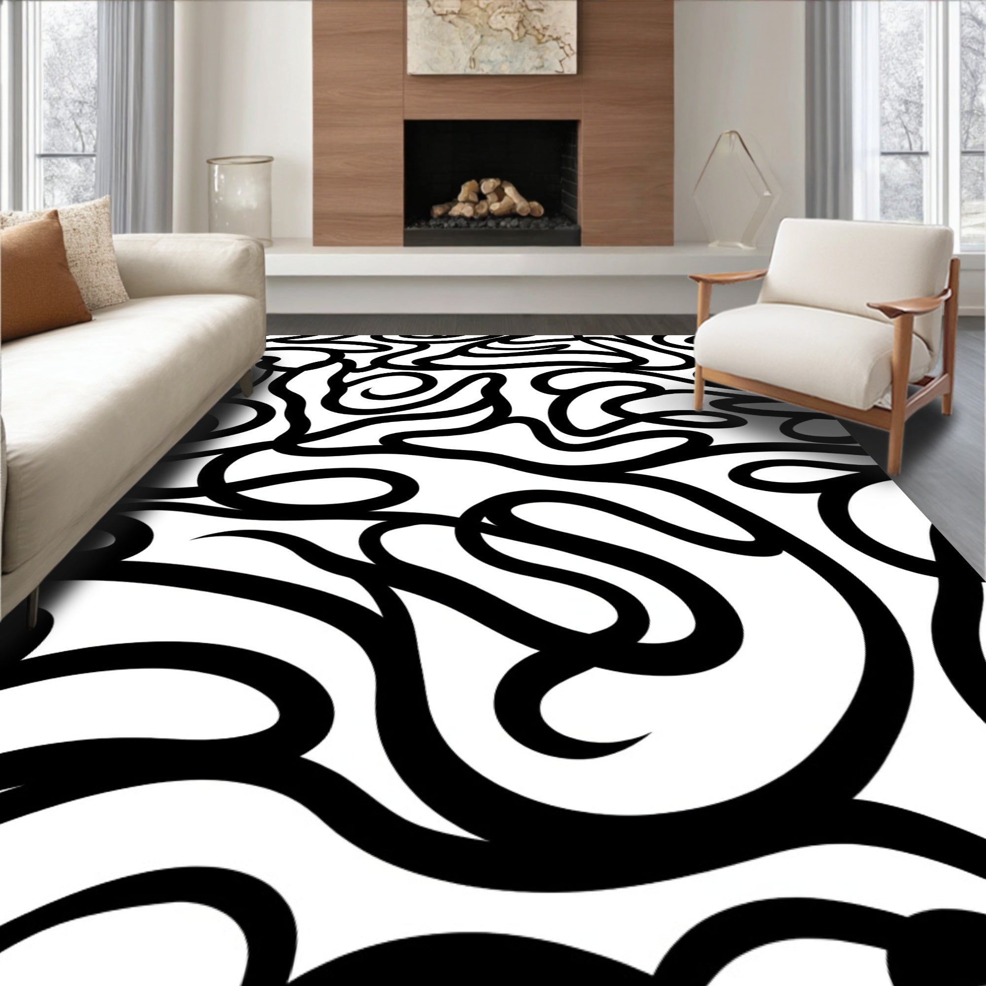 Bold Black Swirls Abstract Rug