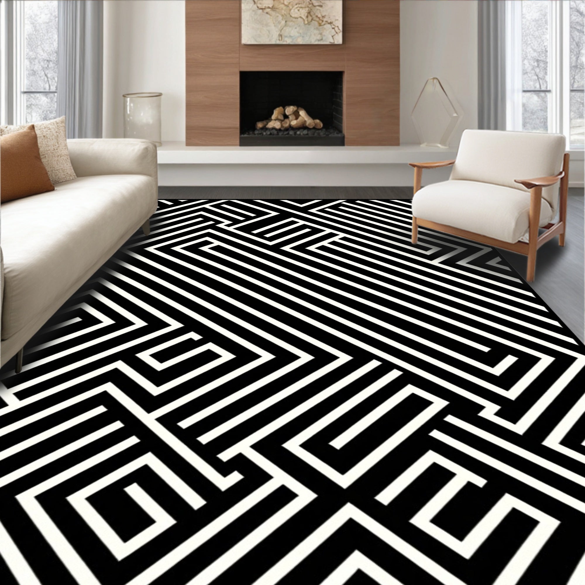 Monochrome Interlocking Lines Rug