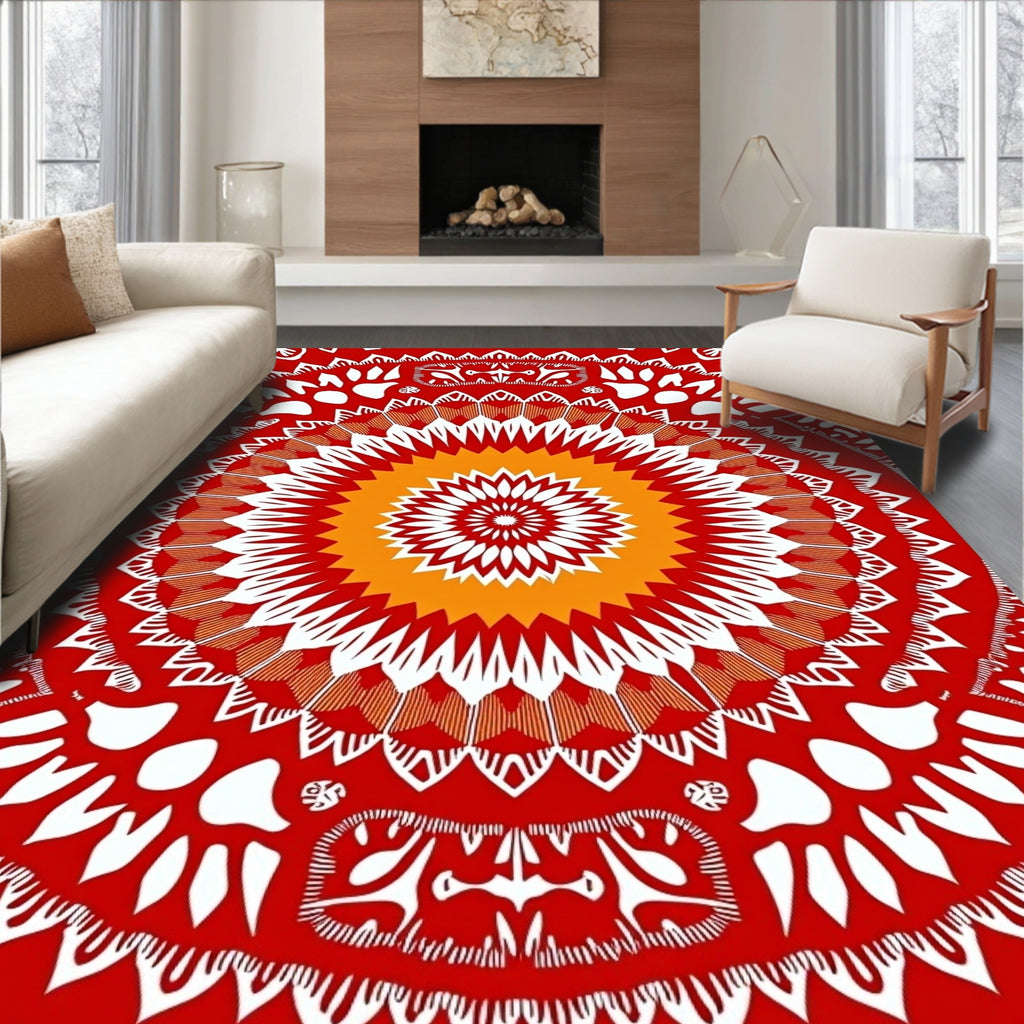 Vibrant Red Mandala Sunburst Focal Rug