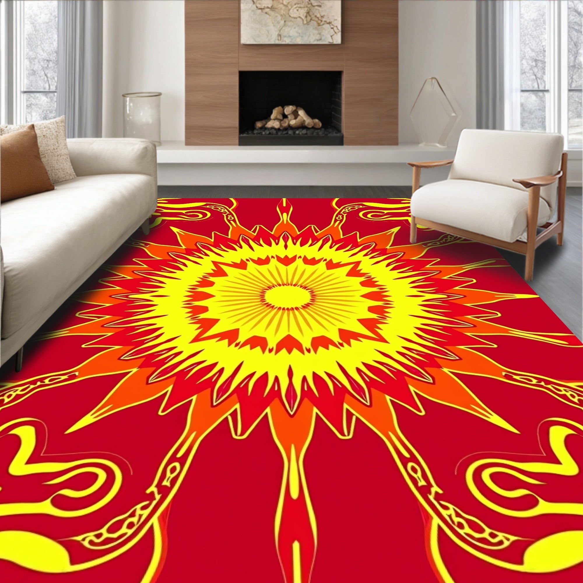 Radiant Sunburst Red Yellow medallion Rug