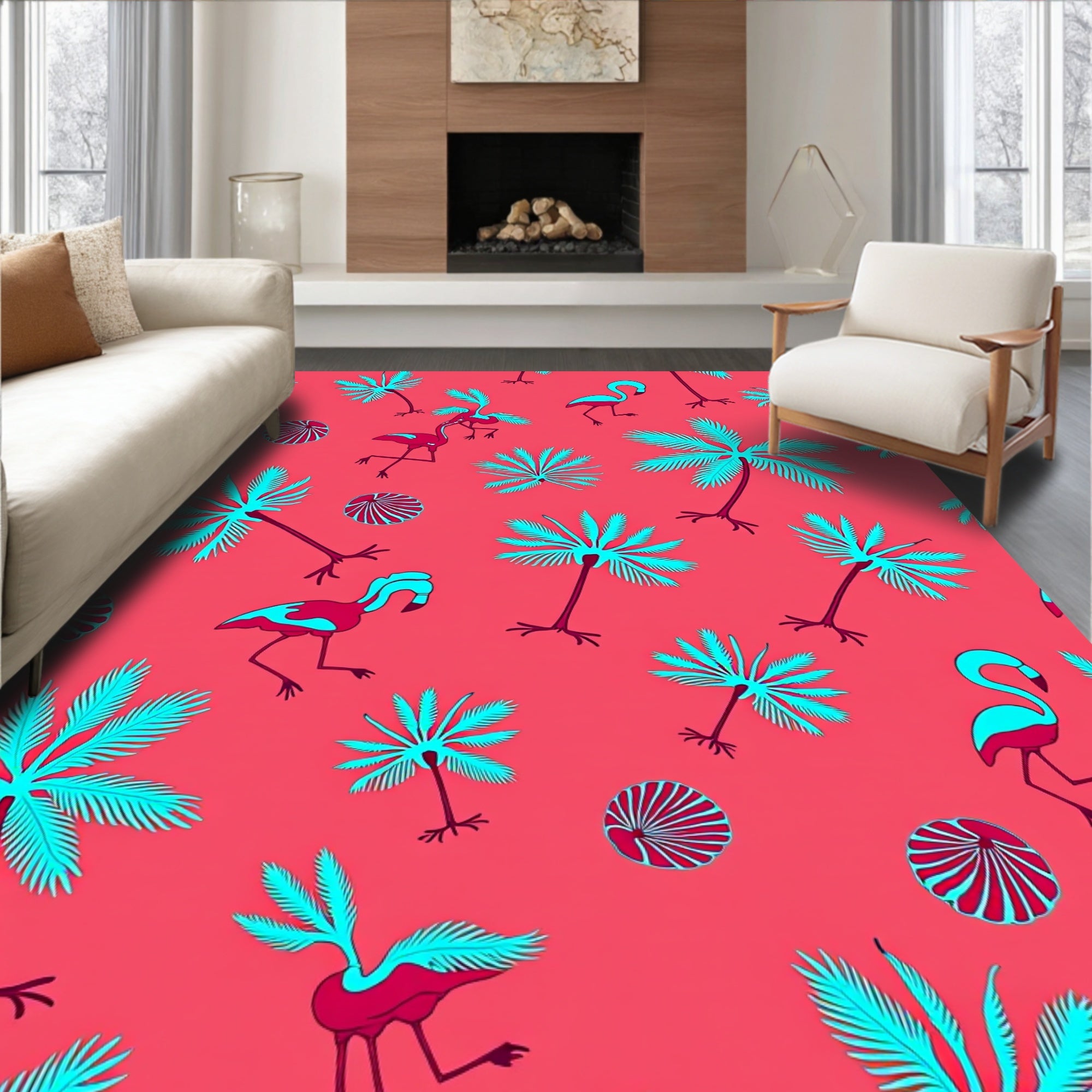 Tropical Flamingo Palm Tree Coral Rug