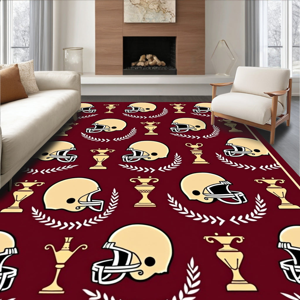 Maroon Gold Helmet Trophy Laurel Wreath Rug