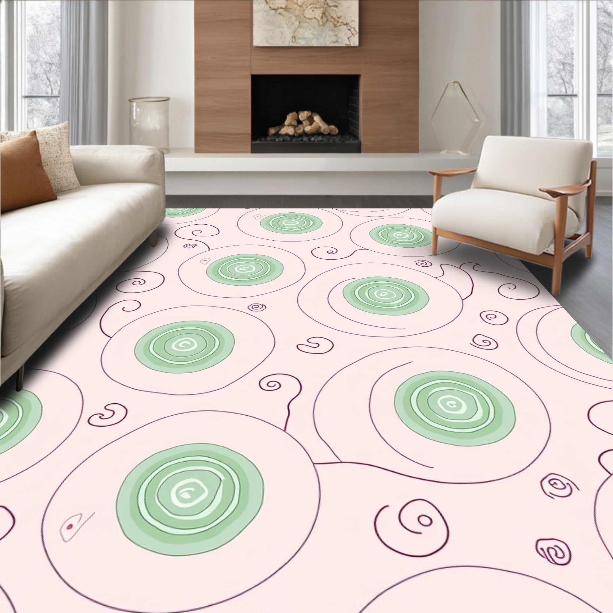 Blush Pink Green Swirl Circles Rug