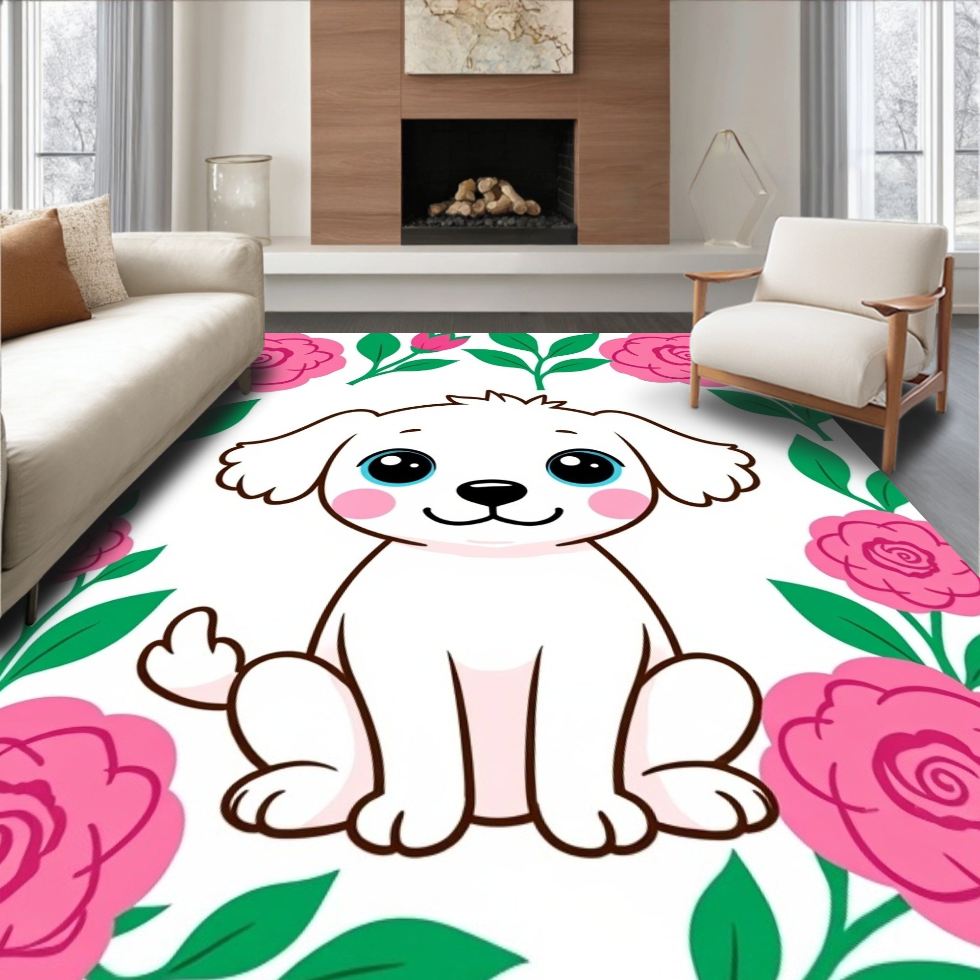 Sweet White Puppy Floral Garden Rug