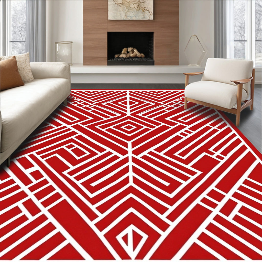 Bold Red Geometric Medallion Maze Rug