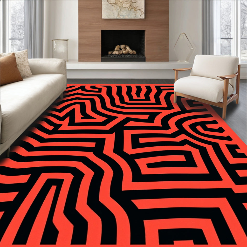 Bold Red Black Labyrinth Lines Rug