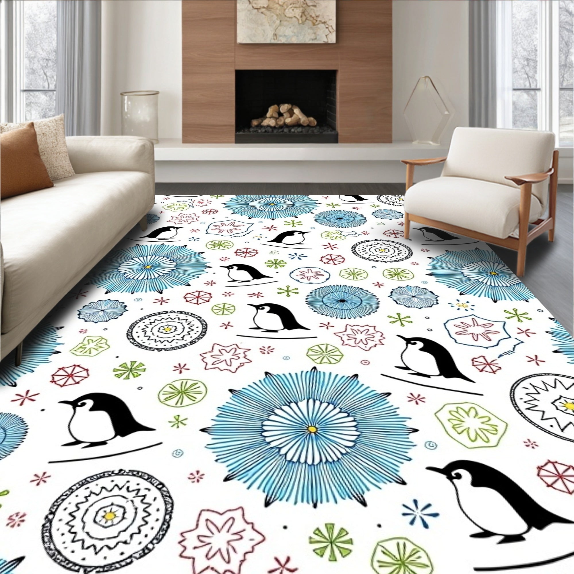 Cute Penguin Stars Medallion Wonder Rug