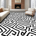 Bold Black White Labyrinth Lines Rug