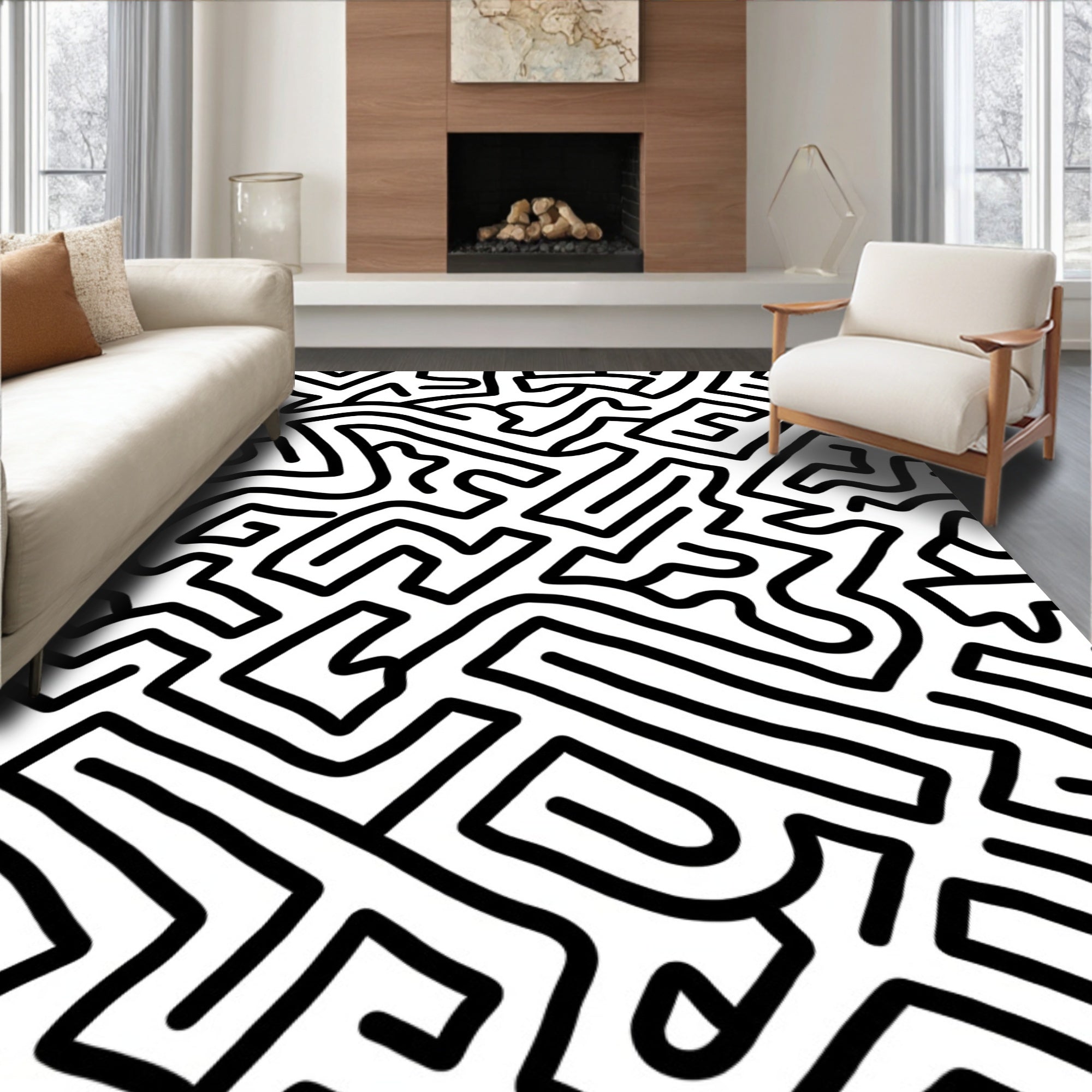 Bold Black White Labyrinth Lines Rug