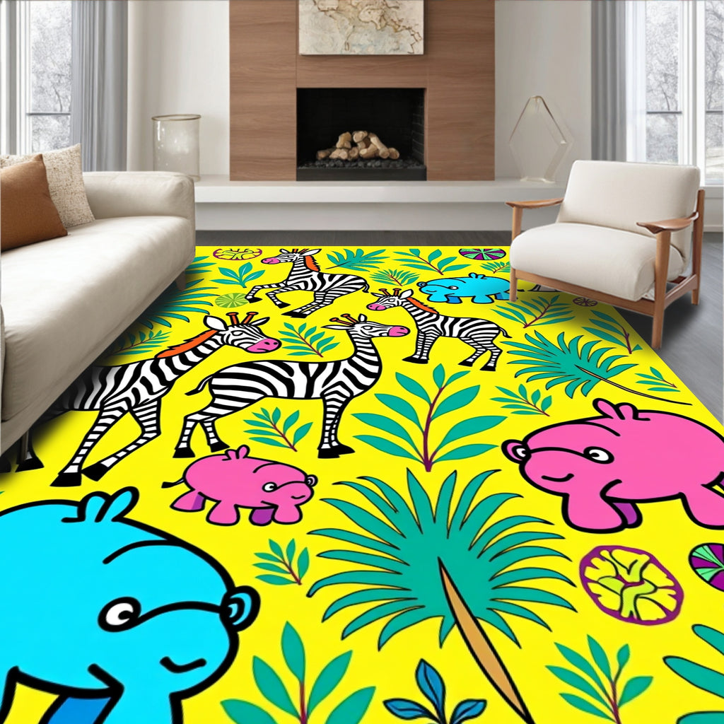 Playful Safari Animals Lush Jungle Yellow Rug