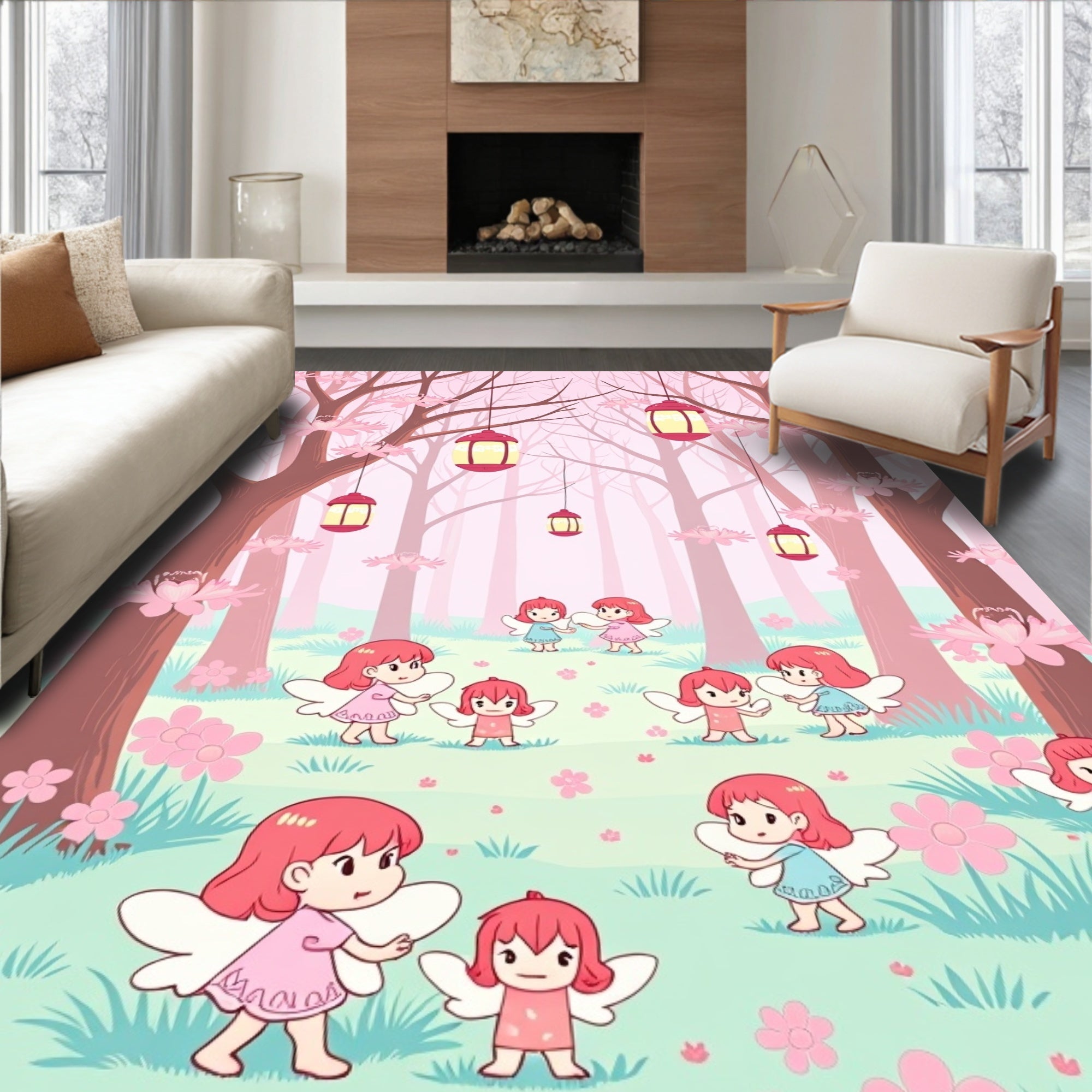 Whimsical Pink Fairy Forest Lanterns Rug