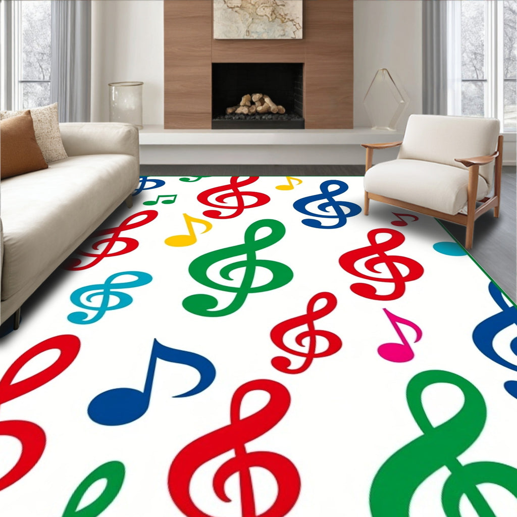 Colorful treble clef scattered throughout Rug