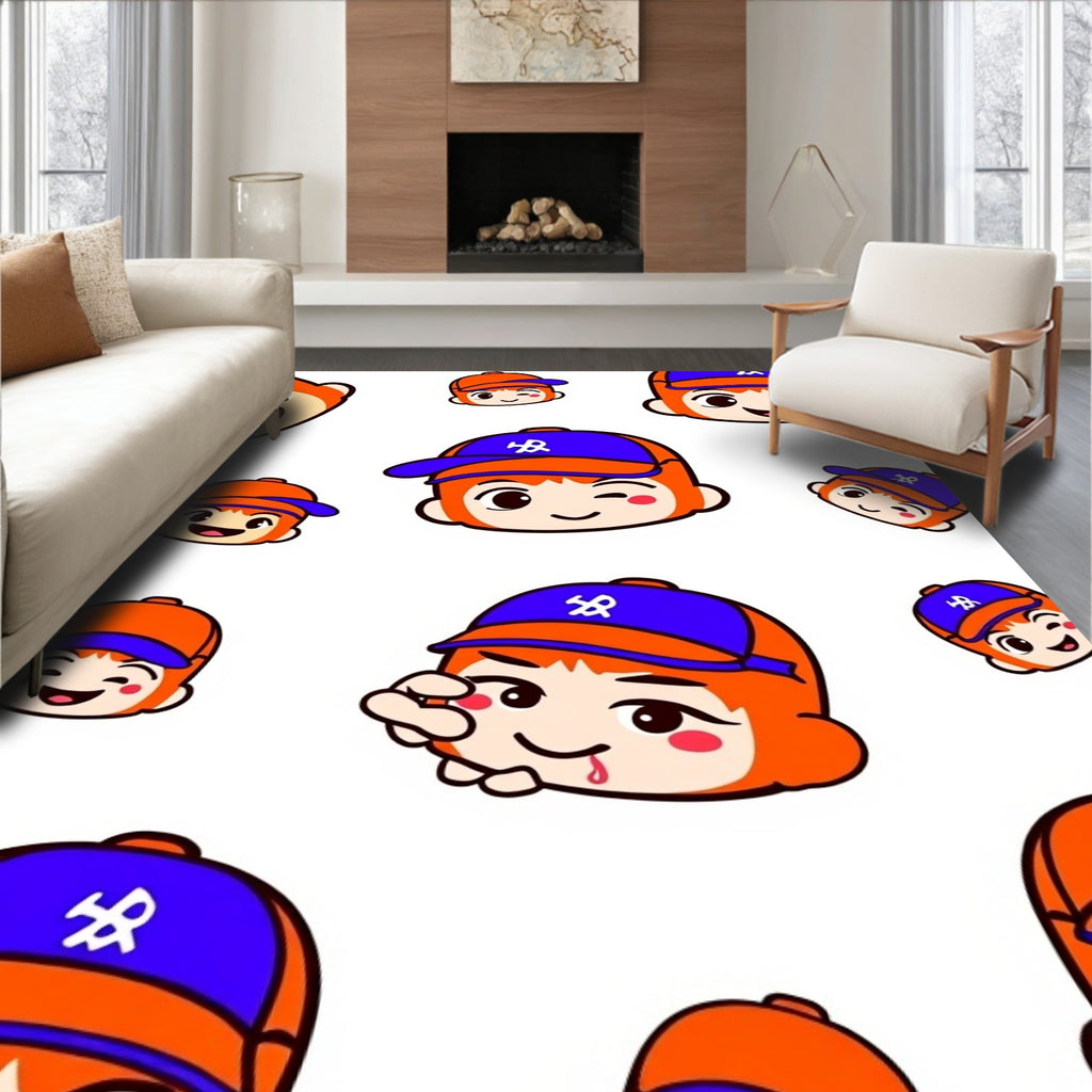 Playful Orange Blue Cartoon Faces Rug