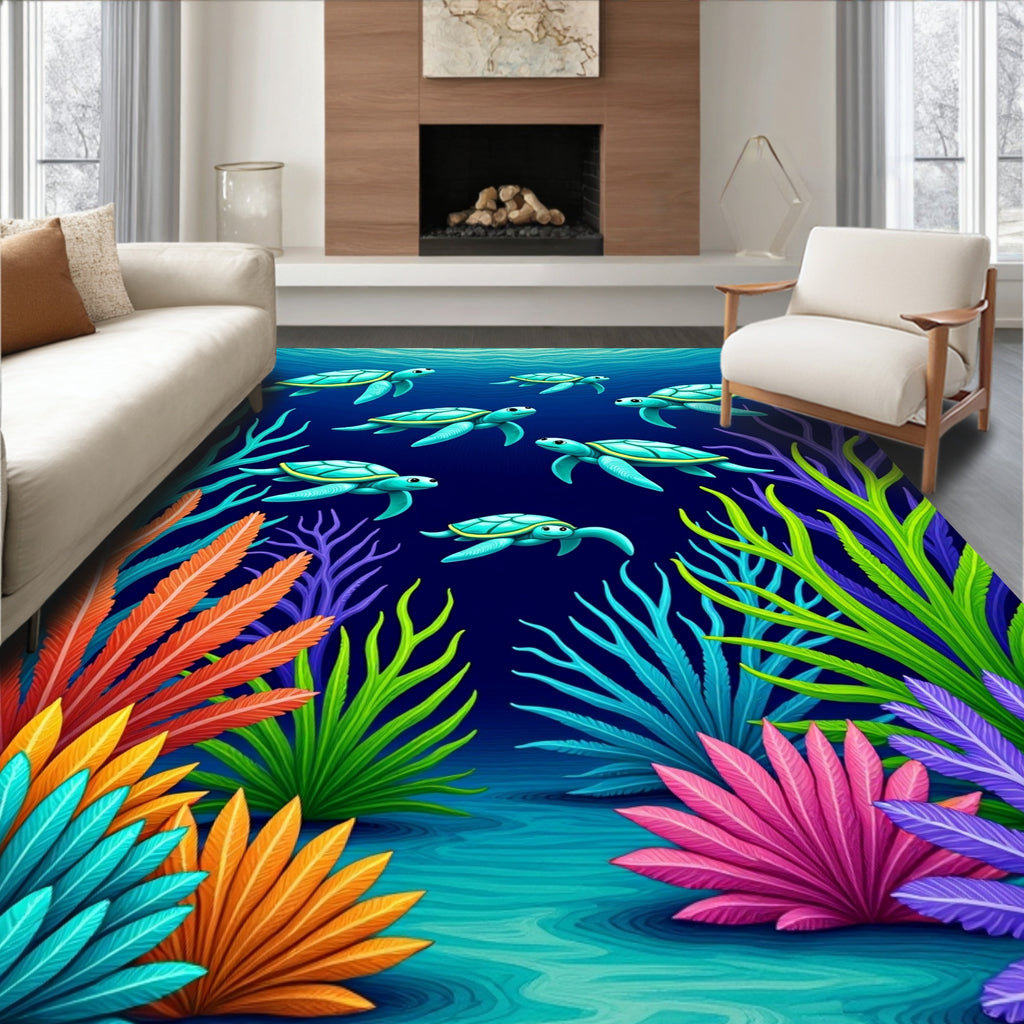Underwater Teal Sea Turtle Coral Garden Rug