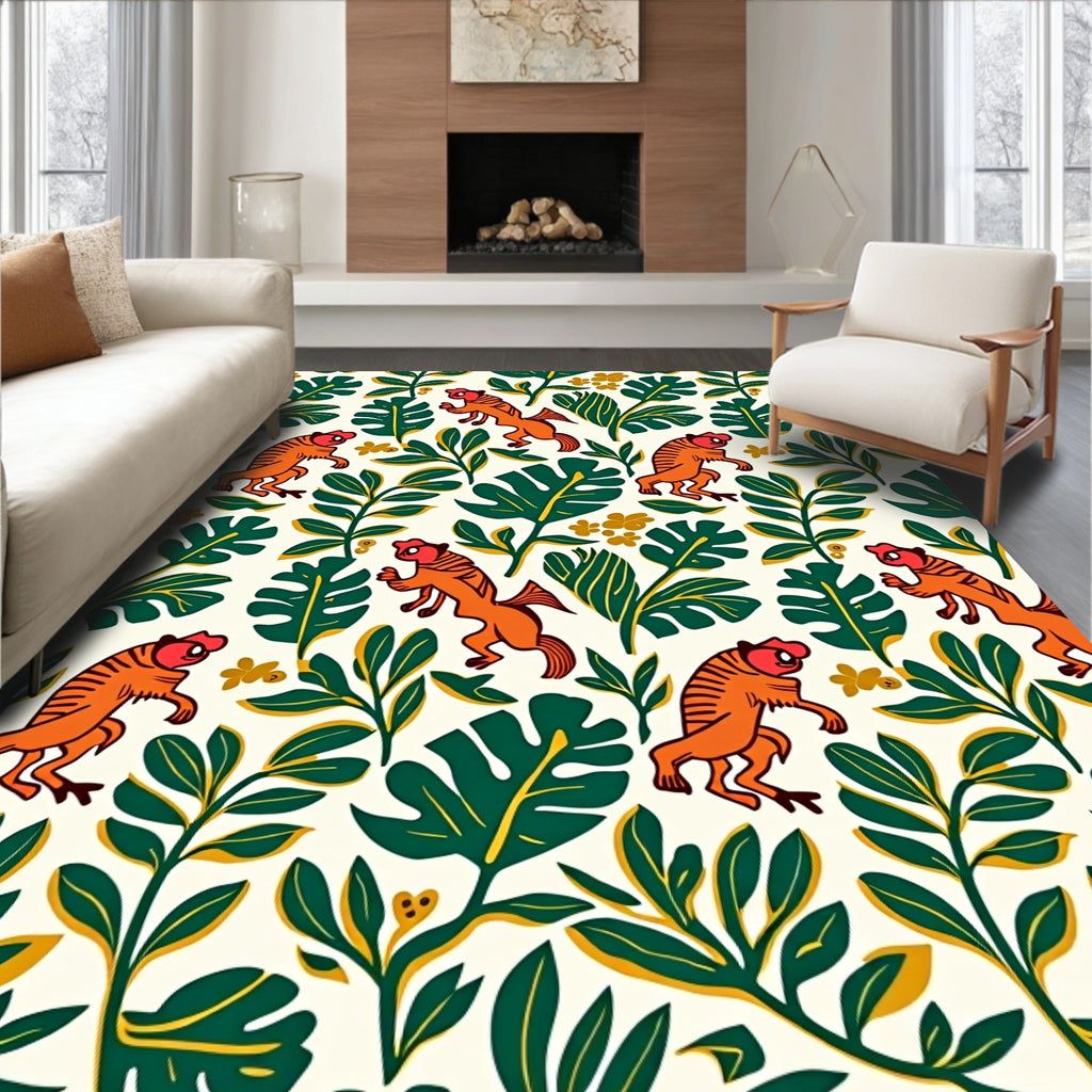Vibrant Orange Tiger Tropical Foliage Rug