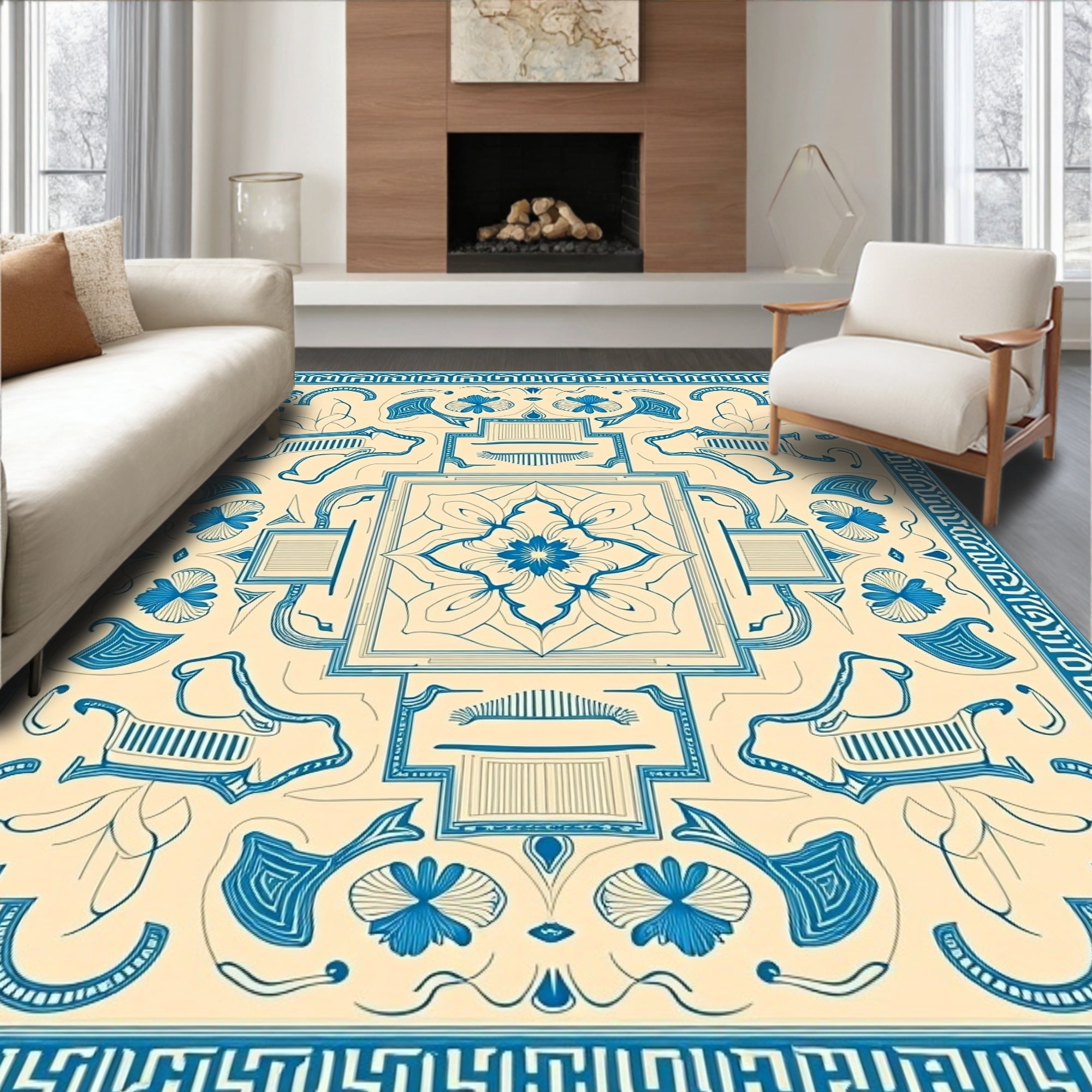 Blue Ivory Floral Medallion Border Rug