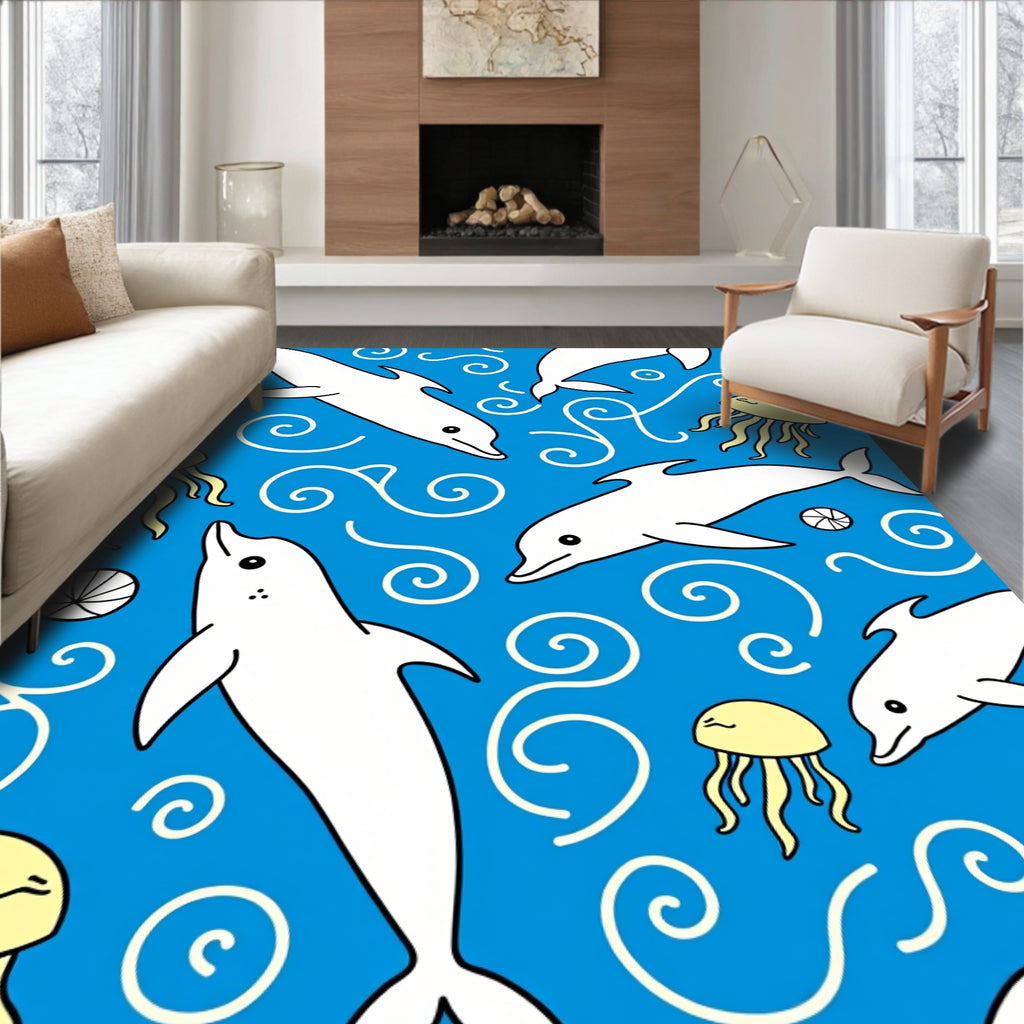 Playful White Dolphins Yellow Jellyfish Blue Ocean Rug