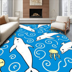 Playful White Dolphins Yellow Jellyfish Blue Ocean Rug