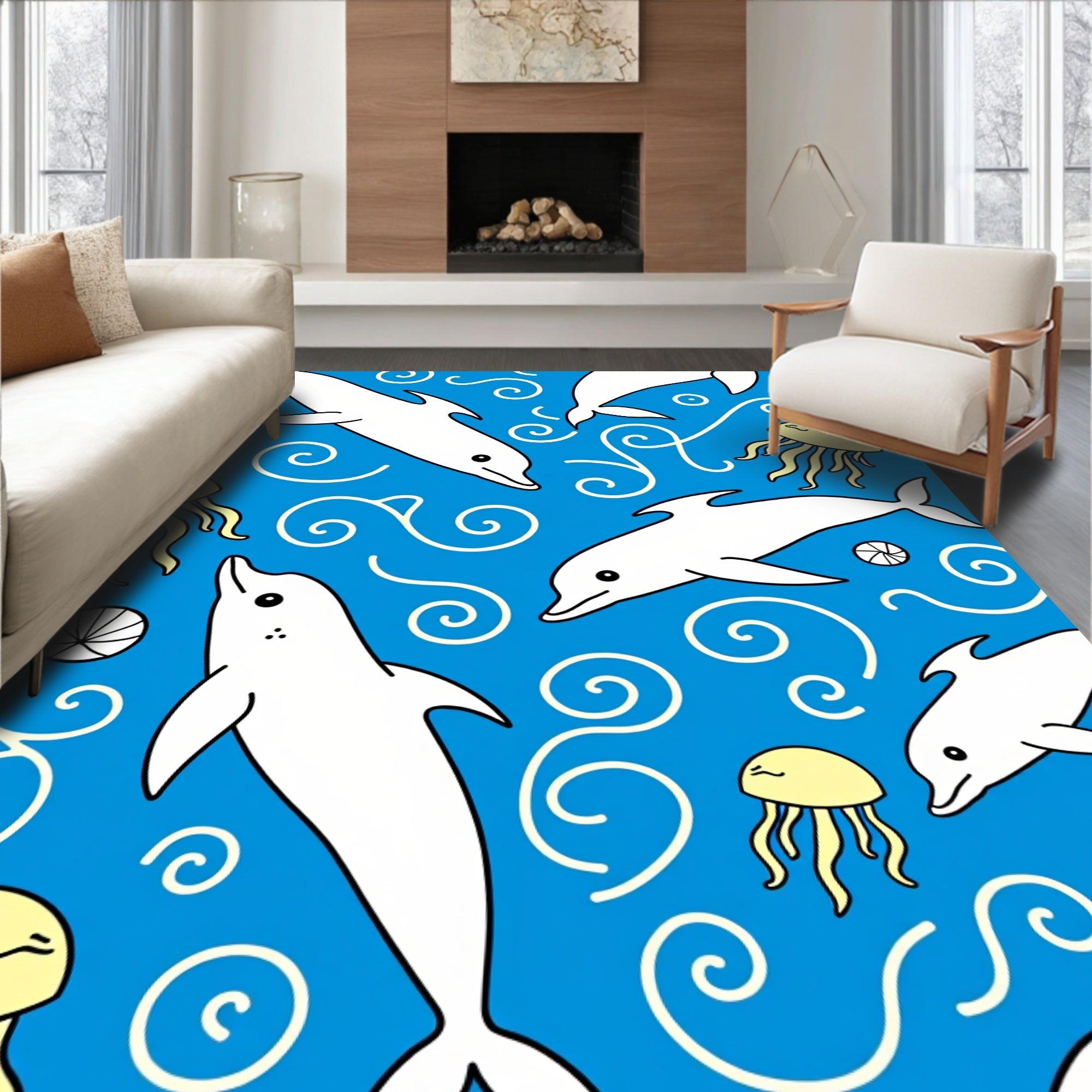 Playful White Dolphins Yellow Jellyfish Blue Ocean Rug