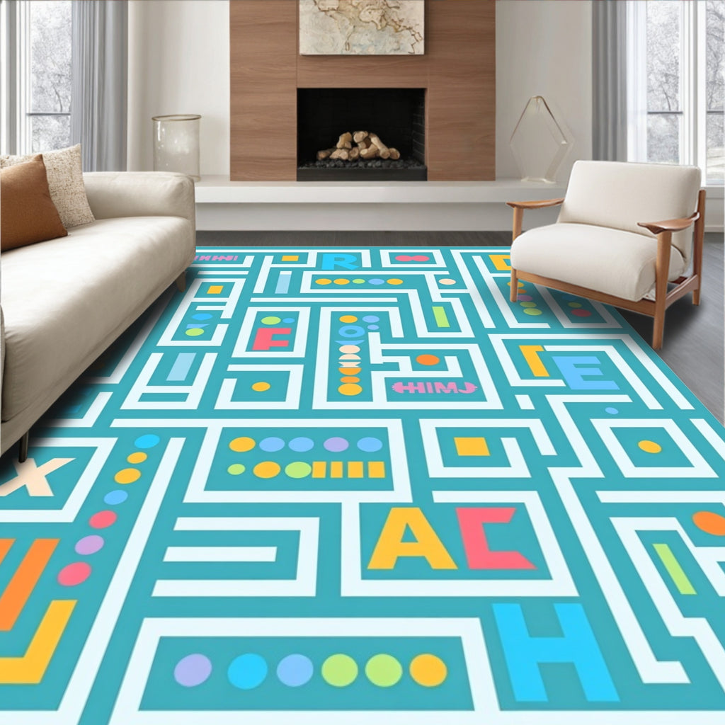 Playful Teal Maze Alphabet Blocks Rug