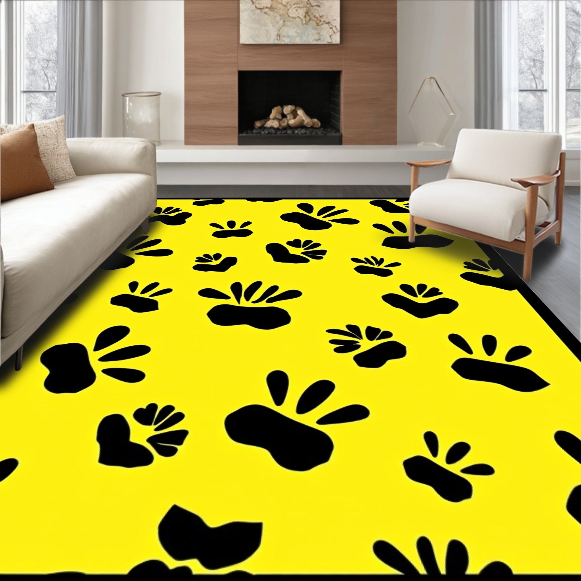 Bright Yellow Black Paw Prints Scatter Rug