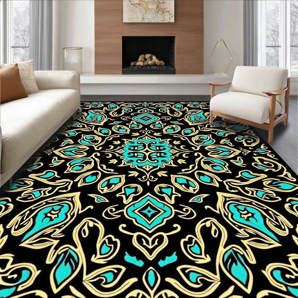 Bold Black Teal Floral Damask Rug