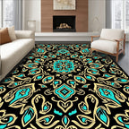Bold Black Teal Floral Damask Rug