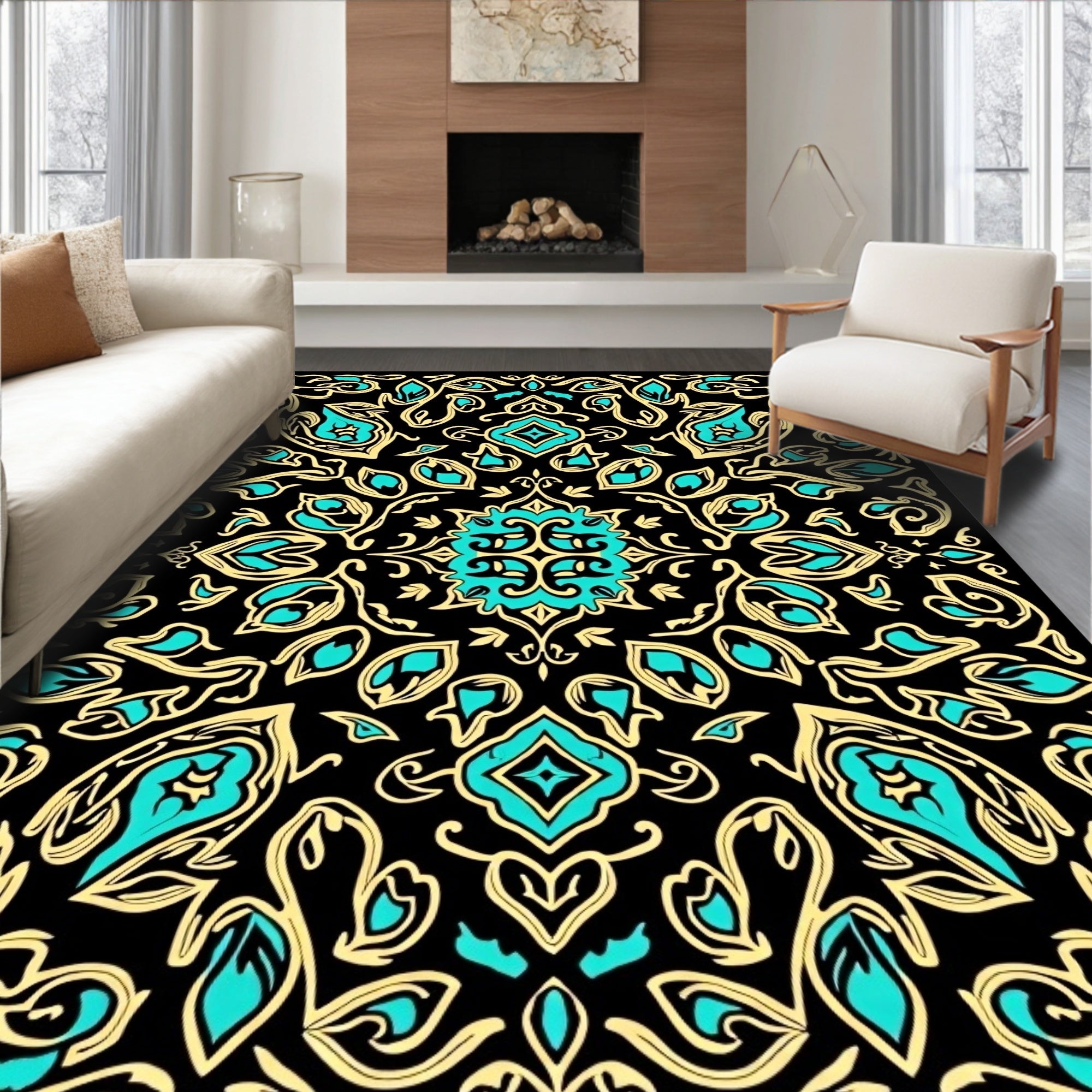 Bold Black Teal Floral Damask Rug