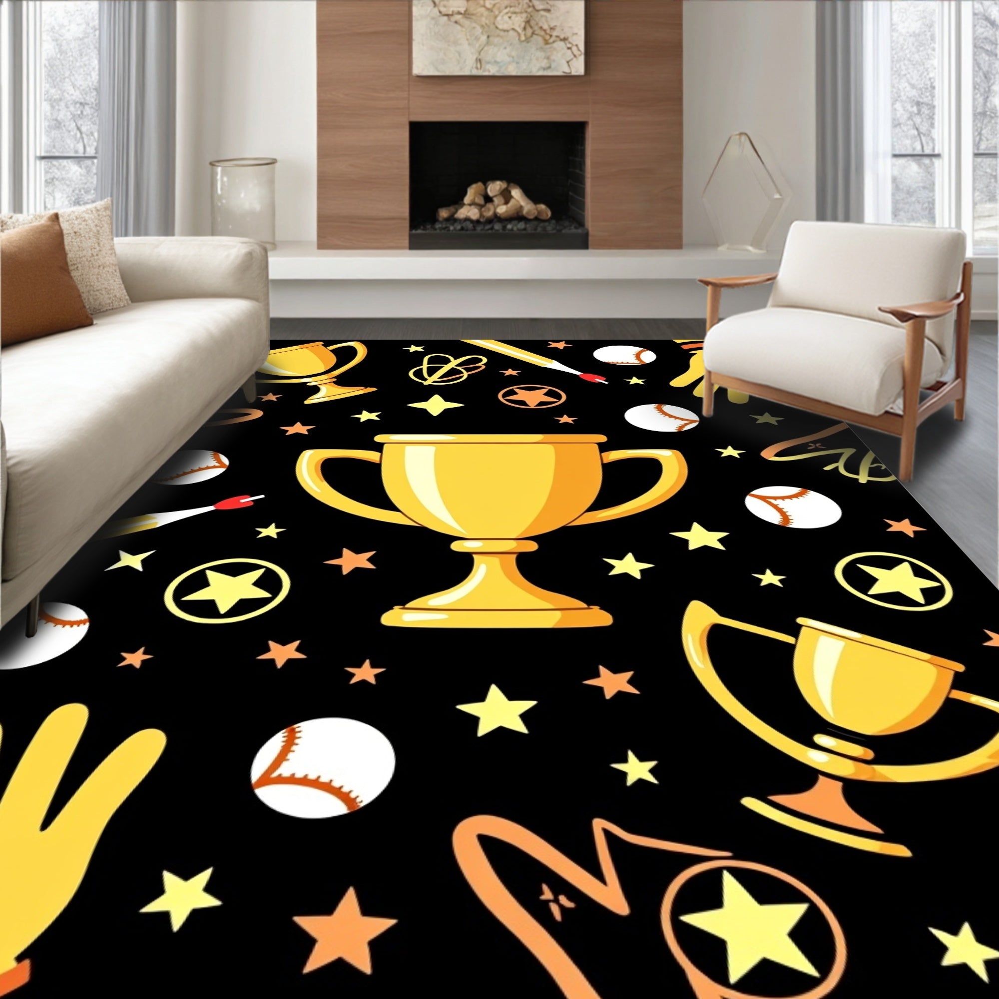 Golden Trophy Stars Baseball Celebration Rug
