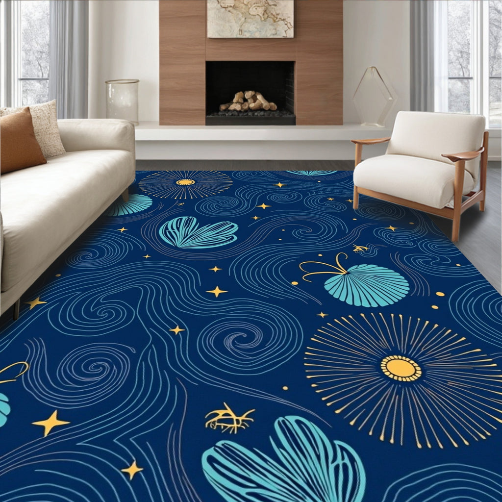 Cosmic Deep Blue Botanical Swirl Rug
